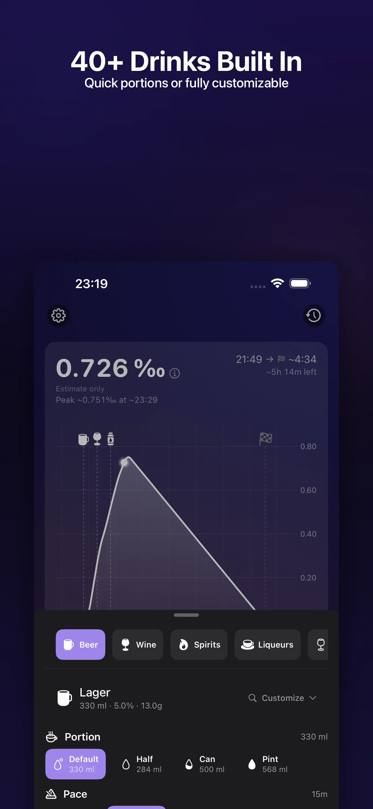 SipLogger add drink — choose from 40+ built-in drink templates with custom volume and ABV